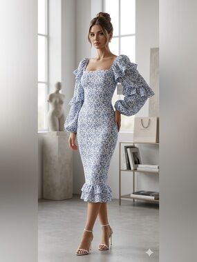Petal & Pup Dress XS Floral Midi Puff Sleeve Smocked Ruffle Shirred NEW